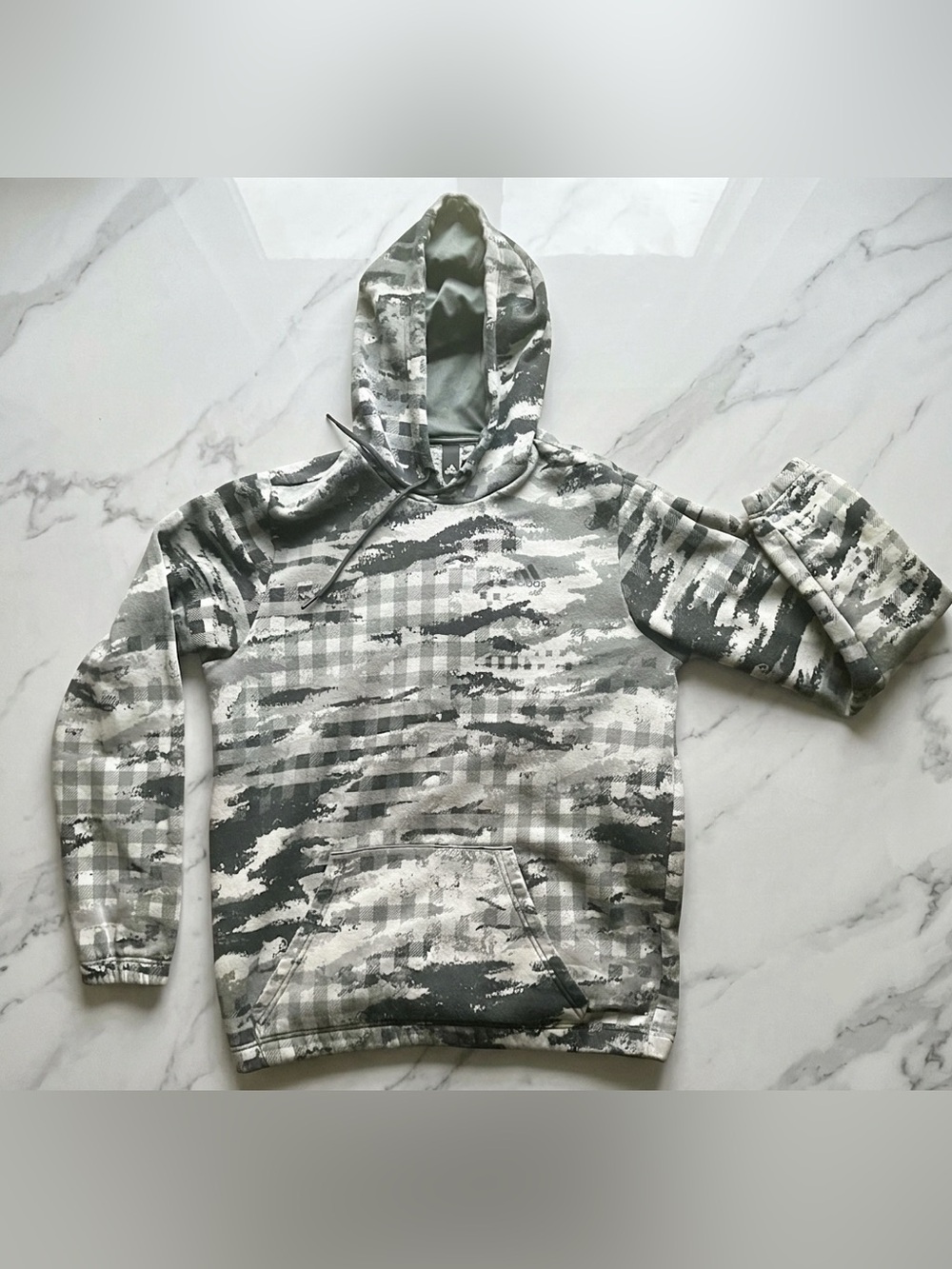 adidas Postgame Plaid Pullover Hoodie Grey Black Men's Size M H59421